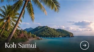 Palm trees, green hills and blue water in Koh Samui