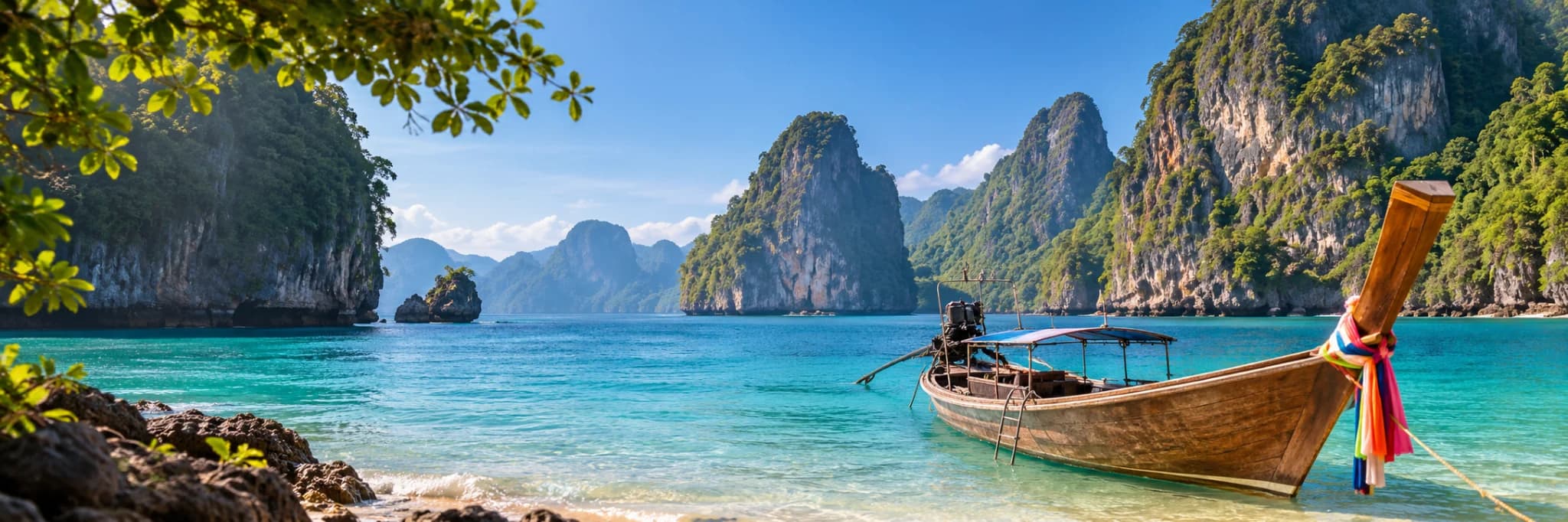 A Thai longtail boat on turquoise water beneath green limestone mountains